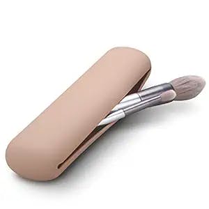 FERYES Travel Makeup Brush Holder, Silicon Trendy and Portable Cosmetic Face Brushes Holder, Soft and Sleek Makeup Tools Organizer for Travel-Khaki