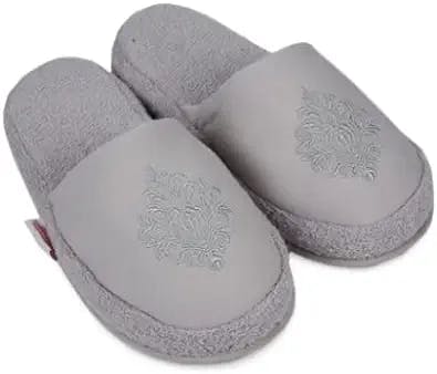 Özdilek Unisex Luxury Terry Style 100% Turkish Cotton Spa Towel Slipper, Hotel Slippers, Non-Slip, Washable Reusable in Light Grey - Medium Size