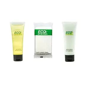 ECO amenities 3-Piece All-in-Kit Shampoo and Conditioner 2 in 1, Body Lotion, Travel Sized Hotel Soap Bars per Set, 150pcs (50 Toiletry Bags) in ONE Package; Hotel Bathroom Guest Toiletries in Bulk