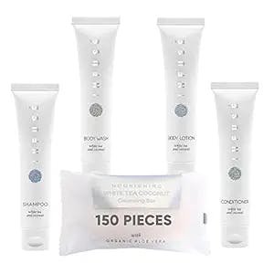 Infuse Pure White Tea and Coconut Hotel Soaps and Toiletries Bulk Set | 1-Shoppe All-In-Kit for Hotels | 1oz Shampoo & Conditioner, Body Wash, Lotion & 1.25oz Bar Soap | Travel Size 150 Pieces