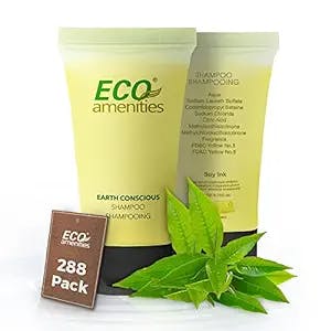 Eco Amenities Travel Size Shampoo - 288 Pack, 0.75 oz Small Tubes with Twist Caps, Green Tea Scent, Bulk Case of Trial Size Toiletries, Individually Packaged Hair Care Samples, Mini 2-in-1 Shampoo & Conditioner Bottles for Guests of Airbnbs, BNBs, VRBOs, Inns, and Hotels