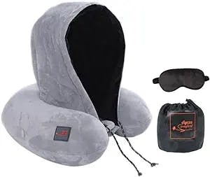 AYEZA Ultra Soft Travel Neck Pillows with Hoodie. 100% Memory Foam. Reversible Hoodie Pillows for Sleeping. Travel Airplane Kit with Storage Bag and Eye Mask. (Gray/Black)