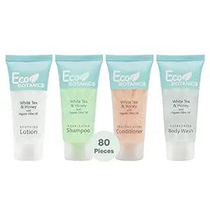 Eco Botanics 0.85 oz. Toiletries Set | 1-Shoppe All-In-Kit Amenities For Hotels, Airbnb & Rentals | Hotel Shampoo & Conditioner, Body Wash, Body Lotion | 80 Piece Travel Set