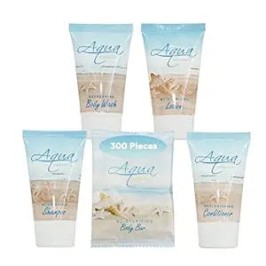 Aqua Organics Hotel Soaps and Toiletries Bulk Set | 1-Shoppe All-In-Kit Amenities for Hotels & Airbnb | 1oz Hotel Shampoo & Conditioner, Body Wash, Body Lotion & 1oz Bar Soap Travel Size | 300 Pieces