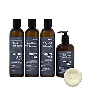 Westin White Tea Aloe Bath & Body Set - Amenity Set with 8 oz. Bottles of Shampoo, Conditioner, Body Wash, and Body Lotion and 5 1 oz. Leaf Soap Bars - White Tea Scent