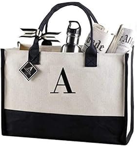 Mud Pie Classic Black and White Initial Canvas Tote Bags (A), 100% Cotton, 17" x 19" x 2"