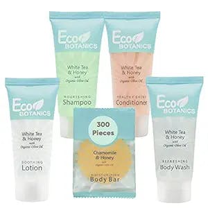 Terra Pure Eco Botanics Hotel Soaps & Toiletries Bulk Set | 1-Shoppe All-In-Kit Amenities for Hotels | 0.85oz Hotel Shampoo & Conditioner, Body Wash, Body Lotion & Bar Soap Travel Size | 300 Pieces