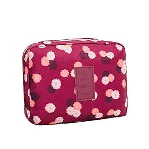 CalorMixs Travel Cosmetic Bag Printed Multifunction Portable Toiletry Bag Cosmetic Makeup Pouch Case Organizer Bathroom Storage Bag for Travel for Women Girls (Wine Red Daisy)