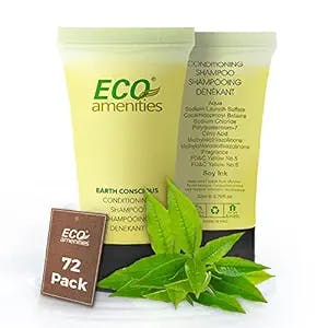 Eco Amenities Travel Size Conditioning Shampoo - 72 Pack, 0.75 oz Small Tubes with Twist Caps, Green Tea Scent, Bulk Case of Trial Size Toiletries, Individually Packaged Hair Care Samples, Mini 2-in-1 Shampoo & Conditioner Bottles for Guests of Airbnbs, BNBs, VRBOs, Inns, and Hotels