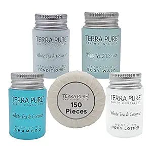 Terra Pure White Tea and Coconut Hotel Soaps and Toiletries Bulk Set | 1-Shoppe All-In-Kit for Hotels | 1oz Shampoo & Conditioner, Body Wash, Lotion & 1.25oz Bar Soap | Travel Size Toiletries 150 Pieces