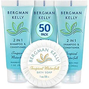 BERGMAN KELLY Round Soap Bars, 2in1 Shampoo & Conditioner 2-Piece Set (Tropical Waterfall, 1 oz each, 100 pc), Delight Your Guests with Revitalizing & Refreshing Sanitary Toiletries & Hotel Amenities