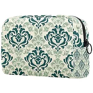 Green Damask Pattern Elegant Luxury Geometric Texture Small Makeup Bag Pouch for Purse Travel Cosmetic Bag Portable Toiletry Bag for Women Girls Gifts