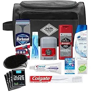 Convenience Kits International Men's Premium 15-Piece Kit wth Travel Size TSA Compliant Essentials, Featuring: Head & Shoulders Dandruff Shampoo Classic Clean and Palm Scalp Brush in Black Dopp Bag