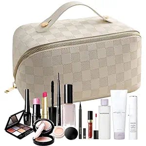 CIREA Brown Large Capacity Travel Cosmetic Bag Plaid Checkered Makeup Bag PU Leather Waterproof Skincare Bag with Handle and Divider (Classic White)