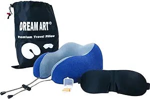 DREAM ART Travel Pillow 100% Pure Memory Foam Neck Pillow, Breathable Cover, Machine Washable, Headrest Airplane Travel Kit with 3D Contoured Eye Masks, Earplugs, and Luxury Bag, Standard, Blue