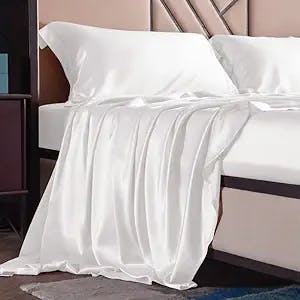 THXSILK Silk Sheet Set 4 Pcs, 19 Momme 100% Top Grade Natural Mulberry Silk Bed Sheets, Luxury Bedding Sets -Ultra Soft Durable, 1 Fitted Sheet, 1 Flat Sheet and 2 Pillow Shams (King, White)