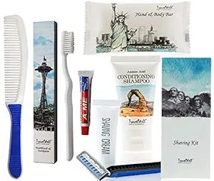 TRAVELWELL Hotel Toiletries Bulk Set | Individually Wrapped Mini Hotel Soap 1.0oz/28g, 30ml Shampoo & Conditioner 2 in 1, Disposable Toothbrush Toothpaste, Comb, 3-Blade Razor & Shaving Cream 25 Set