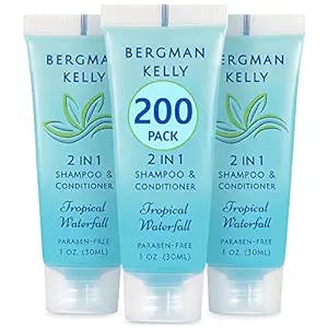 BERGMAN KELLY Travel Size Shampoo & Conditioner 2 in 1 (1 Fl Oz, 200 PK, Tropical Waterfall), Delight Your Guests with Invigorating and Refreshing Shampoo Amenities, Small Hotel Toiletries in Bulk
