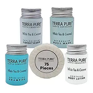 Terra Pure White Tea and Coconut Hotel Soaps and Toiletries Bulk Set | 1-Shoppe All-In-Kit for Hotels | 1oz Shampoo & Conditioner, Body Wash, Lotion & 1.25oz Bar Soap | Travel Size Toiletries 75 Pieces