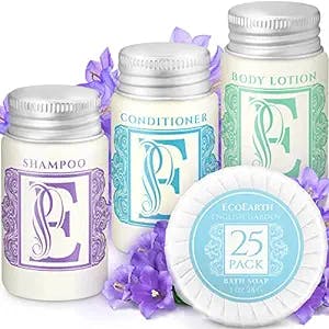 Luxury Travel and Hotel Amenities Set (1 Oz, 100 Pieces), Grade-A Guest Ingredients and Gift Packaging Toiletries, Includes 25 Round Soaps, 25 Shampoos, 25 Conditioners & 25 Lotions by EcoEarth