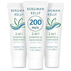 BERGMAN KELLY Travel Size Shampoo & Conditioner 2 in 1 (1 Fl Oz, 200 PK, White Tea), Delight Your Guests with Revitalizing and Refreshing Shampoo Amenities, Quality Small Size Hotel Toiletries in Bulk
