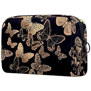 Luxury Gold Butterfly on Black Small Makeup Bag Pouch for Purse Travel Cosmetic Bag Portable Toiletry Bag for Women Girls Gifts