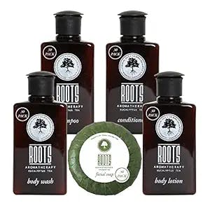 Roots Aromatherapy Eucalyptus Tea Hotel Soaps and Toiletries Amenities Bulk Set | Shampoo & Conditioner, Body Wash, Body Lotion & Bar Soap Travel Size | 150 Pieces