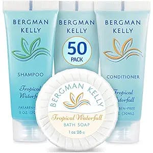 BERGMAN KELLY Round Hotel Soap Bars, Shampoo & Conditioner 3-Piece Set (1 oz each, 150 pc total, Tropical Waterfall), Delight Your Guests with Refreshing Bulk Travel Size Hotel Toiletries