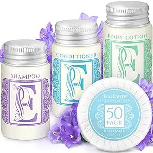 Luxury Travel and Hotel Amenities Set (1 Oz, 200 Pieces), Grade-A Guest Ingredients and Gift Packaging Toiletries, Includes 50 Round Soaps, 50 Shampoos, 50 Conditioners & 50 Lotions by EcoEarth