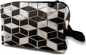 Women Makeup Pouch Bag,3D Marble Ombre Pattern Modern Luxury Golden Geometric Lines and Cubes,Travel Cosmetic Pouch BagTravel Toiletry Bag