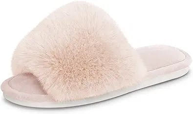 Parlovable Women's Faux Fur Slippers Fuzzy Flat Spa Fluffy Open Toe House Shoes Indoor Outdoor Slip on Memory Foam Slide Sandals