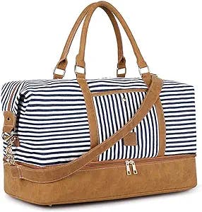 Gonex Canvas Duffel Weekender Bag with Shoe Compartment 42L Overnight Travel Tote Bag(Blue Stripe)