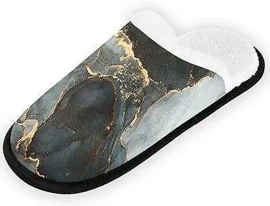 Natural Luxury Ink Marble Home Slippers Marbling Stone Memory Foam House Slippers Indoor Soft Plush Fleece Non Slip Spa Slipper Casual Shoes for Bedroom Hotel Guests Travel, M
