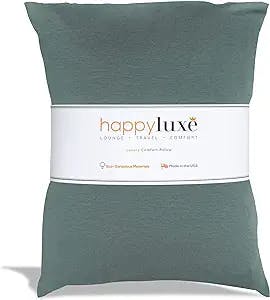 Happyluxe Odyssey Travel Pillow with Washable Cover, Small Airplane Pillow for Long Flights, Camping, and More, Neck Rest and Lumbar Support, Made in The USA, 13 x 17 Inches, Sage Green