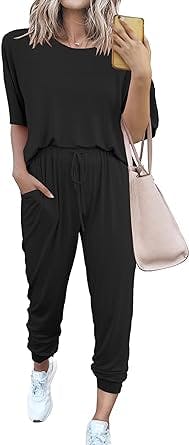 PRETTYGARDEN Women's 2 Piece Outfit Short Sleeve Pullover with Drawstring Long Pants Tracksuit Jogger Set