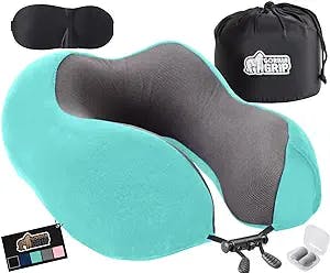 Gorilla Grip Memory Foam Travel Neck Pillow, Head Support on Airplanes, Soft Velvet, Cooling Mesh, Blinkable Eye Mask, Supportive Car Traveling, Sleeping on Long Flight, Airplane Pillows, Turquoise