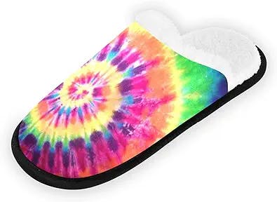 Rainbow Tie Dye Spa Slippers Closed Toe Indoor Hotel Slippers, Fluffy Coral Fleece, Padded Sole for Comfort- for Guests, Hotel, Travel