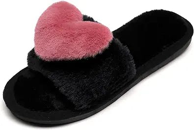 CRAZY LADY Women's Fuzzy LOVE House Slippers Soft Plush Furry Fur Open Toe Cozy Winter Warm Comfy Slip On Breathable Sandals Indoor Outdoor Slippers for Women and Girls with Memory Foam