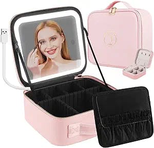 Travel Makeup Case with LED Light Mirror, Portable Waterproof Makeup Bag with 3 Adjustable Color Brightness Professional Cosmetic Train Case Organizer with Adjustable Dividers (SN-Pink)