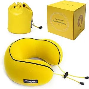 URBAN FOREST Neck Pillow,Memory Foam Neck Pillow,Ergonomic&Washable Nap Pillow,Can Be Rolled Up,Hoodie Lock, Airplane Long Travel Pillow(Drawstring Bag) (Yellow)