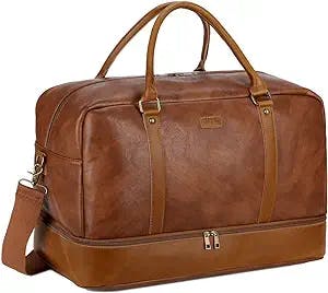 BAOSHA Leather Large Travel Duffel Tote Bag Carry On Weekender Overnight Bag With Shoe Compartment HB-38 (Brown)