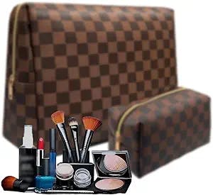 KALDIS Large Checkered Makeup Bag, Set of 2 Travel Cosmetic Bags for Women, Portable Toiletry Bag Designer Purse Waterproof, Brown
