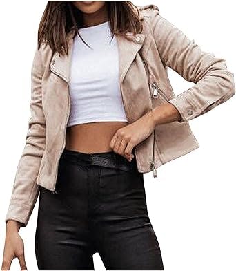 HTHLVMD Women Faux Suede Zipped Motorcycle Jacket Notch Collar Moto Biker Short Coat Casual Zip Party Outwear with Pockets