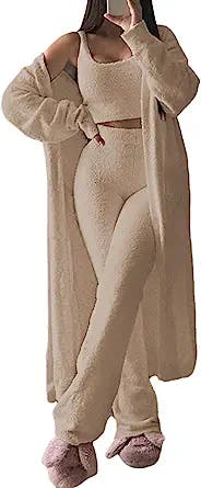 Fixmatti Women's Fuzzy 3 Piece Sweatsuit Open Front Cardigan Crop Tank Tops Wide Legs Pants Lounge Sets