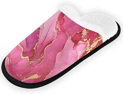 Red Golden Swirls Marble Luxury Home Slippers Marbling Stone Memory Foam House Slippers Indoor Soft Plush Fleece Non Slip Spa Slipper Casual Shoes for Bedroom Hotel Guests Travel, M