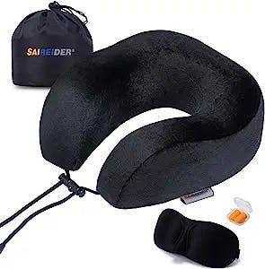 SAIREIDER Neck Pillows for Travel 100% Memory Foam Adjustable Travel Pillows with Storage Bag, Sleep Mask and Earplugs-Prevent The Heads from Falling Forward (Black)