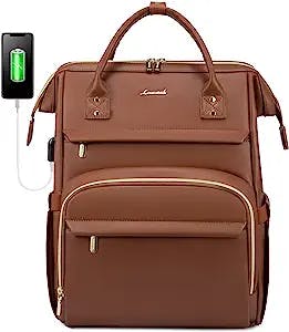LOVEVOOK Leather Laptop Backpack for Women 17 inch,Travel Backpack Purse Nurse Teacher Backpack Computer Laptop Bag,Professional College Business Work Bags Carry On Backpack with USB Port,Brown