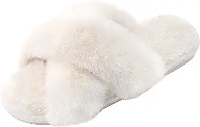 Women's Cross Band Slippers Fuzzy Soft House Slippers Plush Furry Warm Cozy Open Toe Fluffy Home Shoes Comfy Indoor Outdoor Slip On Breathable