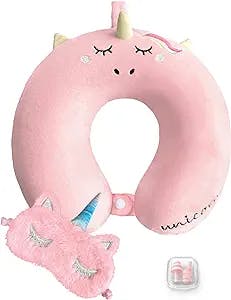 urnexttour Travel Neck Pillow for Kids, Unicorn Memory Foam Pillow with Cute Sleep Mask & Earplugs, Lightweight Travelling Pillow Set for Airplane , Car, Train, Bus and Home Use (Pink)