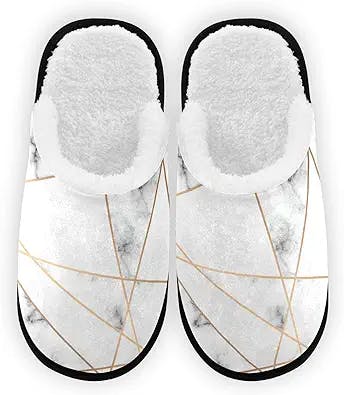 YYZZH Elegant White Marble Print Gold Geometric Line Modern Luxury Design Fuzzy Feet Slippers Soft Non-Slip Indoor House Slippers Home Shoes For Bedroom Hotel Travel Spa For Women Men